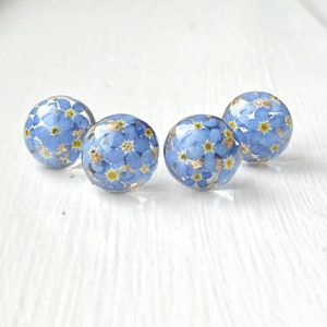 Made to Order. Handmade resin earrings, forget me not flowers, stud stainless steel earrings. Forget me not, dry flowers with gold flakes