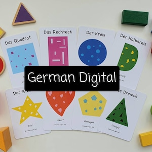 May include: A set of colorful flashcards featuring different geometric shapes, including a square, circle, rectangle, triangle, star, heart, and pentagon. Each card has the name of the shape in German, along with a simple illustration.