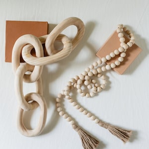 Decorative Wood Link Chain and Bead Garland Set | Boho Room Decor | Modern Farmhouse Decor Set | Aesthetic Room Decor | Natural
