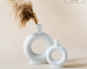 Lot de 2 vases ronds en céramique - Ensemble de vases donut, vases en céramique blanche pour décoration bohème, vase décoratif de style minimalisme nordique