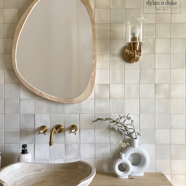 Wood Framed Asymmetrical Mirror (Light Beige), Large Wall Mounted Accent Mirror, Boho Mirror, Irregular Mirror, Modern Wall Mirror