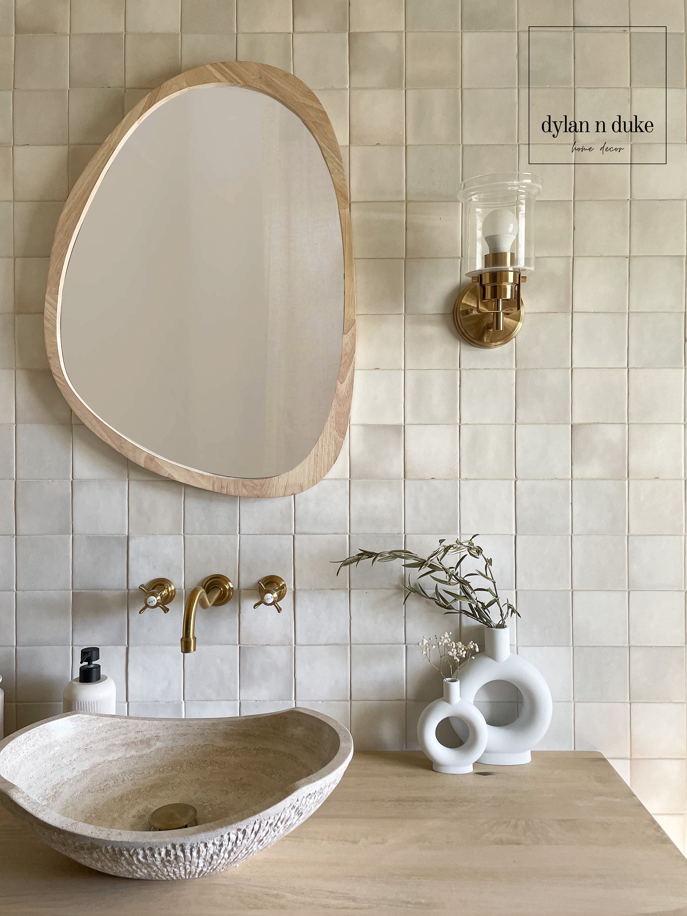 Wood Framed Asymmetrical Mirror (Light Beige), Large Wall Mounted Accent Mirror, Boho Mirror, Irregular Mirror, Modern Wall Mirror