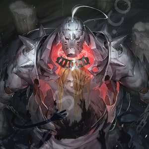 Op de afbeelding: Een groot, metalen, humanoïde figuur met een rode gloed die uit zijn borst straalt. De figuur is gemaakt van metaal en heeft een scherp, hoekig ontwerp. Een menselijk figuur met lang blond haar is gevangen in het metalen figuur.