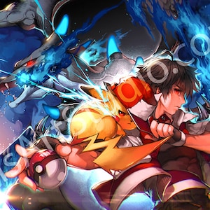 May include: A cartoon illustration of a trainer with a red shirt and blue pants, holding a Poké Ball. The trainer is standing with a yellow Pikachu and a blue and white dragon-like Pokémon.