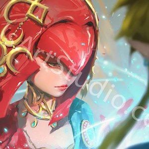 May include: A woman with red hair and a red hood, wearing a gold necklace and a blue and red dress, looks at a person with blonde hair. The woman is holding a glowing blue orb in her hand.