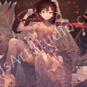 May include: A woman in a white wedding dress holds a red sword. She has blue eyes and dark hair. The background is a dark brown with red and white ribbons and petals.
