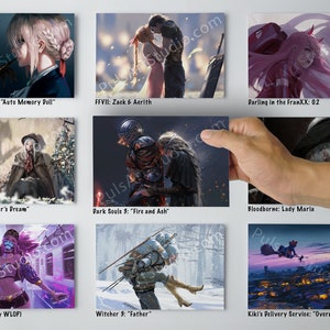 May include: A collage of nine images featuring characters from popular video games and anime. The images are arranged in a grid of three rows and three columns. Each image features a different character, including Violet Evergarden, Zack and Aerith from Final Fantasy VII, Zero Two from Darling in the FranXX, the Hunter from Bloodborne, the Fire Keeper from Dark Souls 3, Lady Maria from Bloodborne, Akali from League of Legends, Geralt of Rivia from The Witcher 3, and Kiki from Kiki's Delivery Service.