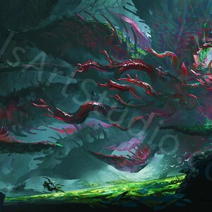 Op de afbeelding: Digitale kunstprint van een fantastisch landschap met een groot, rood en groen wezen dat de scène domineert. Het kunstwerk heeft een donkere, sfeervolle atmosfeer met glimpen van licht en een klein figuur op de voorgrond. De tekst "PulsArtStudio" is zichtbaar.