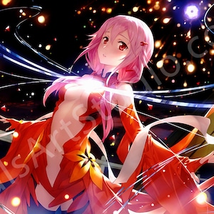 May include: A pink-haired anime character in a red and orange dress with flowing white ribbons. The character is surrounded by a sparkling background of light.