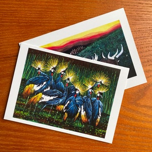 Pakket van 2 Batik Print Art Cards / Elke gelegenheid / Dank u / Verjaardag / Natuur Wenskaarten / Crested Cranes / Ankole Koeien / Card Gift / Familie