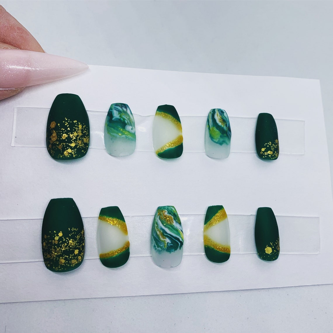 Matte Forest Green and Gold Glitter W/ Marble Design Press on - Etsy