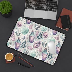 Skull & Potion Desk Pad | Witchy Celestial Desk Mat | Neoprene Mouse Pad | Pastel Goth Office Decor