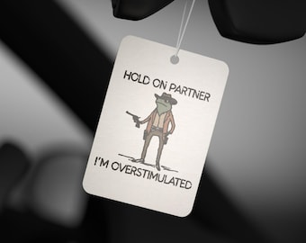 Espera, compañero, estoy sobreestimulado/ Ambientador para coche con forma de rana vaquera divertida/ Adorno para coche neurodivergente alternativo/ Percha rectangular perfumada