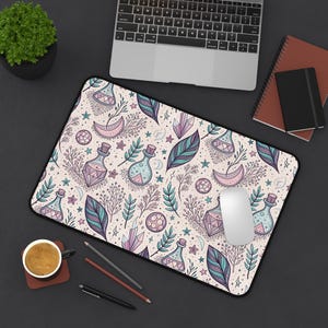 Witchy Desk Pad | Potion Bottle & Celestial Pattern | Pastel Moon Magic Desk Mat | Neoprene Mouse Pad