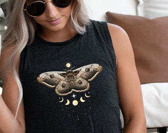 Moon Phases Moth Muscle Tank Top: Celestial Goblincore Fashion