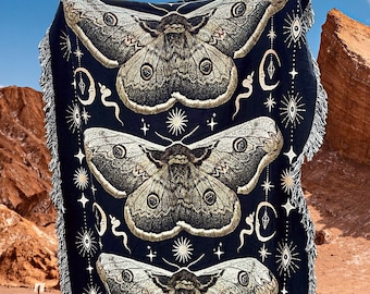 MOTH BLANKET Woven Blanket Dark Academia Decor Halloween Blanket | Goblincore Woven Throw Blanket Fairycore Dark Cottagecore Woven Tapestry