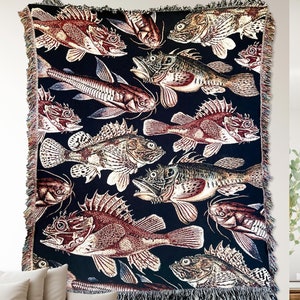Fisherman aesthetic fish woven blanket. This vintage fishing blanket is the ideal cabin decor or lake house decor.