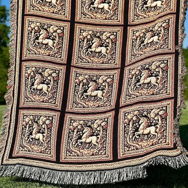 UNICORN ART Woven BLANKET | Book Nook Woven Throw Renaissance Fair Woven Tapestry Blanket | Unicorn Throw Blanket | Whimsigoth Unicorn Gifts