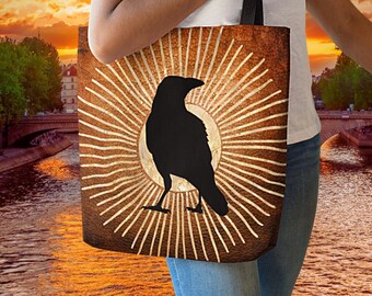 Primitive Crow Tote Bag: Rustic Halloween Raven Design