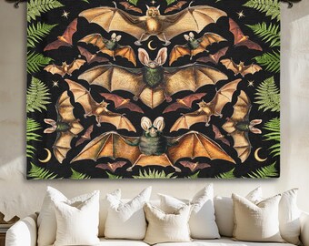 Whimsigoth Bat Tapestry | BAT & FERN Woven Wall Hanging | Gothic Bat Woven Blanket | Dark Botanical Large Wall Tapestry Vintage | Bat Gift