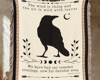 Primitive CROW WOVEN BLANKET Crowcore Dark Academia Decor Woven Throw Blanket | Crow Decor Crow Blanket Crow Art | Woven Tapestry Crow Skull