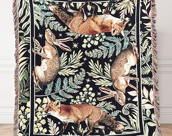 Fox Gifts Fox Woven Blanket FOX & HARE William Morris Aesthetic Medieval Tapestry Blanket | Woven Throw Blanket | Fox Blanket Rabbit Blanket