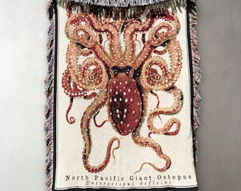 GIANT OCTOPUS Woven BLANKET Woven Throw Blanket Woven Tapestry Blanket | Picnic Blanket Beach Blanket Dark Academia Decor | Nautical Decor