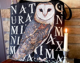 Bird Lover Gift OWL TOTE BAG Medieval Tapestry Bag | Barn Owl Gifts | Dark Academia Woven Tapestry Bag | Bookish Merch Bird Embroidered Tote
