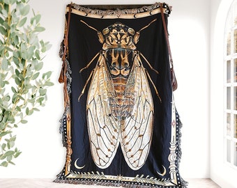 CICADA Woven Blanket Dark Academia Decor Boho Woven Throw Blanket Goblincore Fairycore Tapestry Aesthetic Bedding Dark Cottagecore Decor