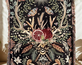 PERSEPHONE HADES Greek Mythology Woven BLANKET Pomegranate Woven Throw Blanket Dark Academia Maximalist Decor Mushroom Decor Woven Tapestry