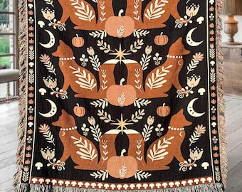 Fall Decor Pumpkin Decor Woven Blanket FOX & PUMPKIN Woven Tapestry Blanket | Scandinavian Decor | Swedish Folk Art Decor Hygge Blanket