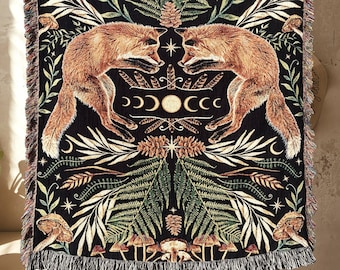 Forestcore FOX WOVEN BLANKET Dark Academia Decor Woven Tapestry Blanket Cottagecore Decor Goblincore Moon Tapestry Enchanted Forest Tapestry