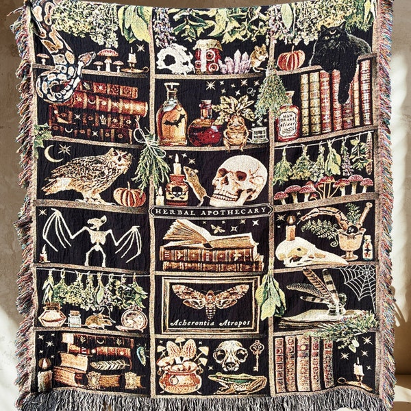 APOTHECARY Woven BLANKET Halloween Blanket Halloween Decor Goblincore Tapestry Blanket Dark Academia Decor Whimsigoth Oddities Witchy Decor