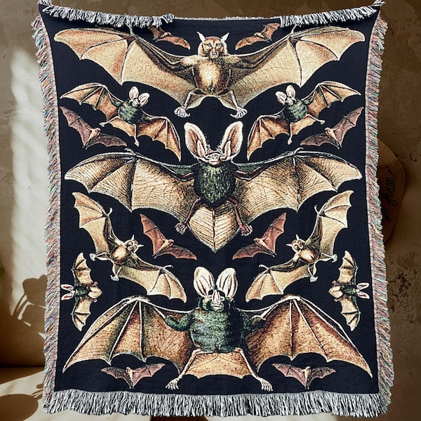 Halloween Blanket Dark Academia Decor Woven Blanket BAT BLANKET Woven Throw Blanket | Bat Decor Vulture Culture | Whimsigoth Woven Tapestry