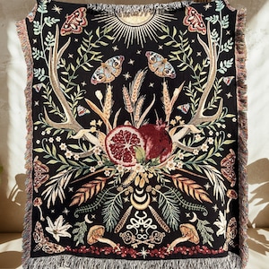 PERSEPHONE HADES Greek Mythology Woven BLANKET Pomegranate Woven Throw Blanket Dark Academia Maximalist Decor Mushroom Decor Woven Tapestry