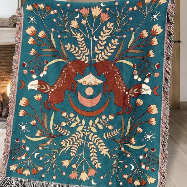 Fox Woven Blanket Green | Scandinavian CHRISTMAS FOX Woven BLANKET Tapestry Blanket Swedish Christmas | Swedish Folk Art Woven Throw Blanket