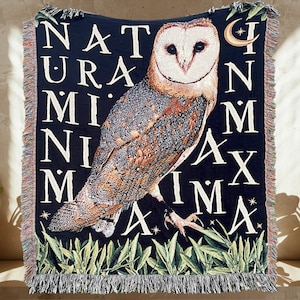 OWL WOVEN BLANKET Owl Gifts Home Decor Barn Owl Throw Blanket | Latin Sayings 'Natura In Minima Maxima' Medieval Tapestry Blanket Book Nook