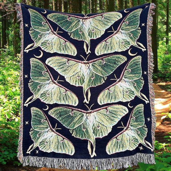 LUNA MOTH Woven Blanket Whimsigoth Woven Throw Blanket | Dark Academia Decor Maximalist Decor |Cottagecore Decor Moth Woven Tapestry Blanket