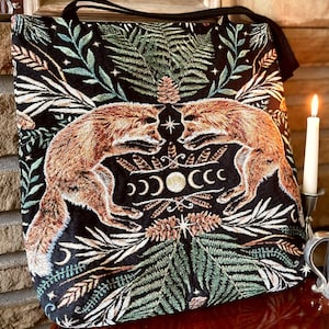 FOX TOTE BAG Dark Academia Fox Woven Tapestry Bag | Fox Gifts for Women Mushroom Tote Bag Aesthetic | Cottagecore Tote Embroidered Tote Bag