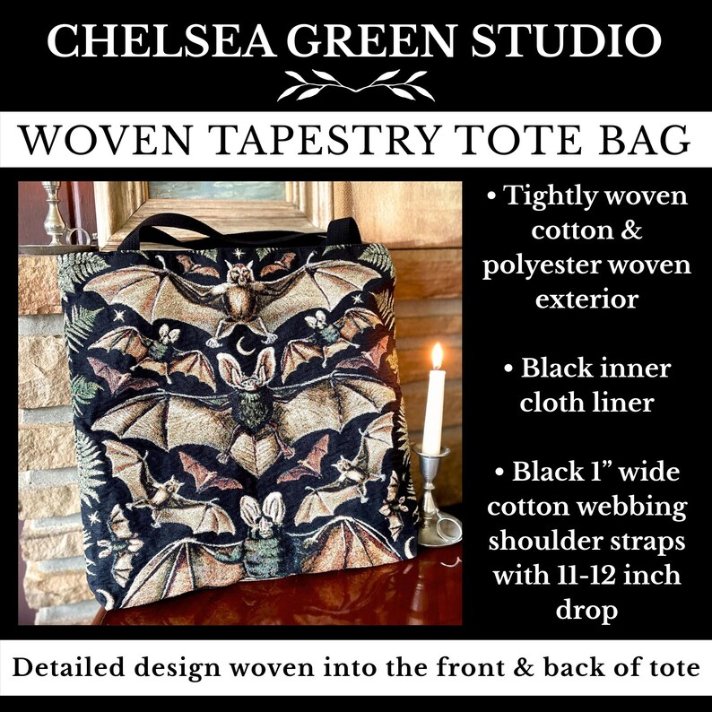 Gothic tapestry tote bag with bats