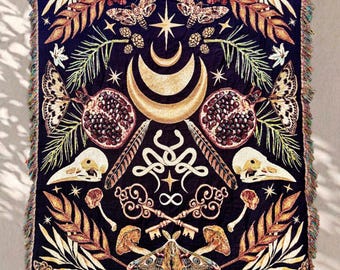 HADES Persephone Greek Mythology WOVEN BLANKET Pomegranate |  Hades Woven Throw Blanket Dark Academia Decor | Hades Moon Woven Wall Tapestry