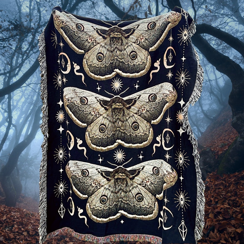 Moth woven blanket. Cotton Halloween woven blanket.