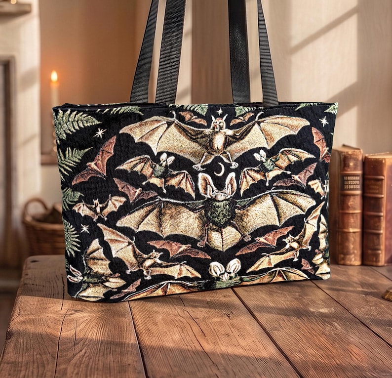 victorian gothic tote bag with bats woven into a black background
