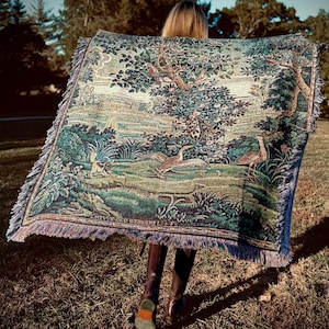 French verdure tapestry woven blanket with fringe Chelsea Green Studio