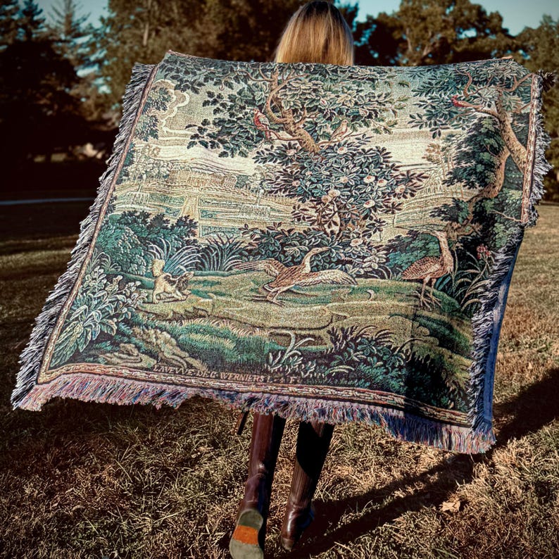 French verdure tapestry woven blanket with fringe Chelsea Green Studio