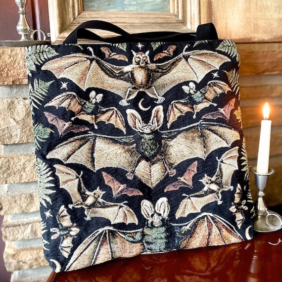 BAT TOTE BAG Bat Bag Dark Academia Tote | Bat Gifts | Bat Wings Woven Tapestry Bag Halloween Tote Bag Aesthetic Vintage Embroidered Tote Bag