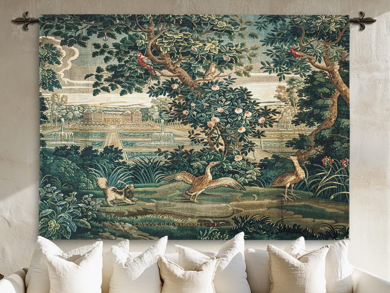 French woven tapestry wall hanging with sewn in rod pockets