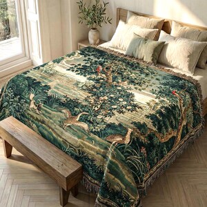 French tapestry verdure woven blanket with fringe.