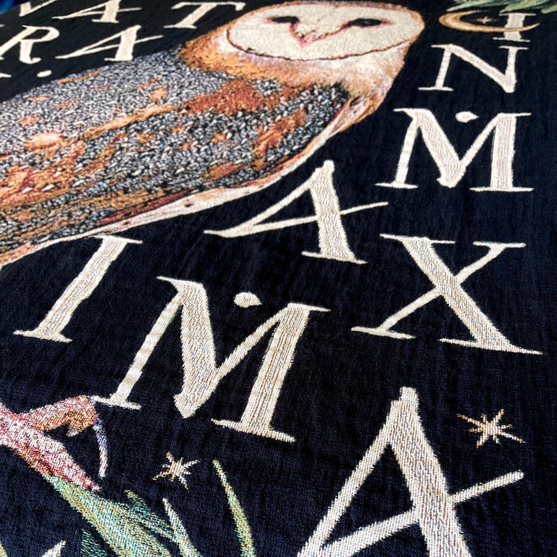 Owl decor barn owl woven blanket for bird lovers. The latin saying NATURA MINIMA IN MAXIMA meaning Nature is the greatest in the smallest is woven in to this cotton tapestry blanket with a large barn owl in the center.