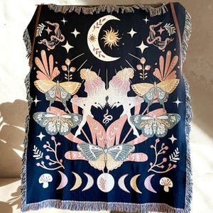 FAIRYCORE WOVEN BLANKET Witch Celestial Decor | Whimsigoth Woven Throw Blanket Moth Blanket Goblincore Cottagecore Decor Dark Academia Decor